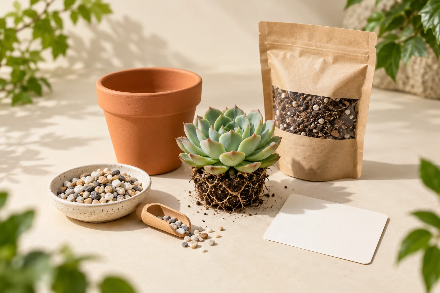 Concept succulent DIY kit with pot, plant, soil, gravel and scoop