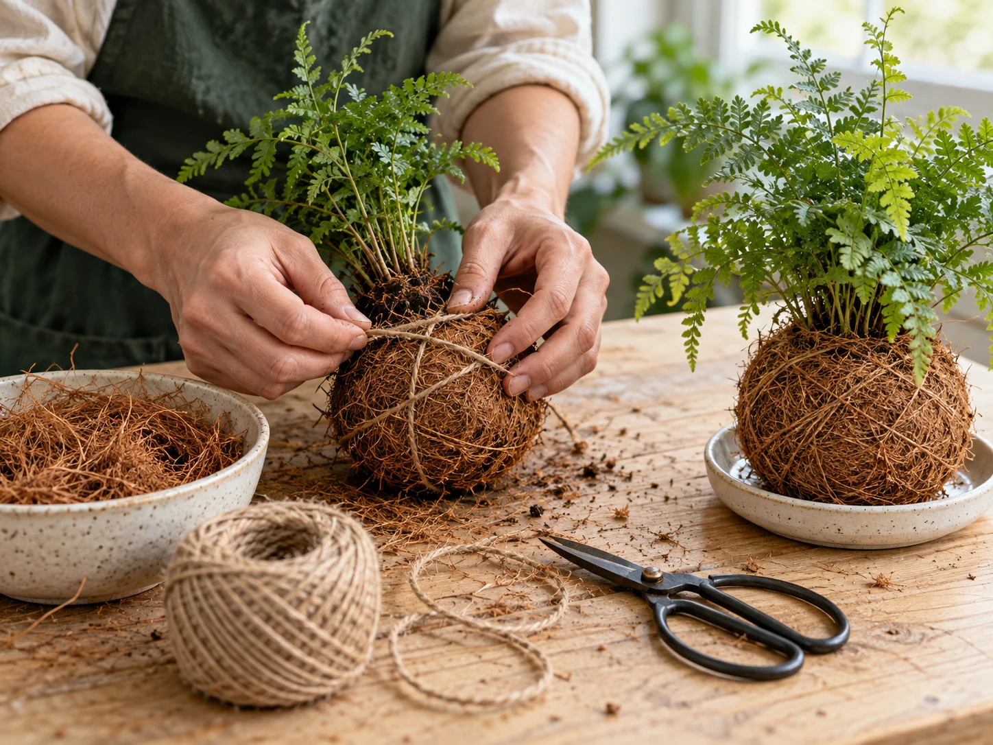 Hands wrapping a kokedama ball in natural brown coconut fibre and twine