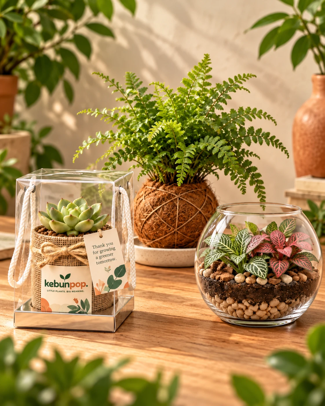 Succulent door gift, glass terrarium and coconut fibre kokedama arranged together