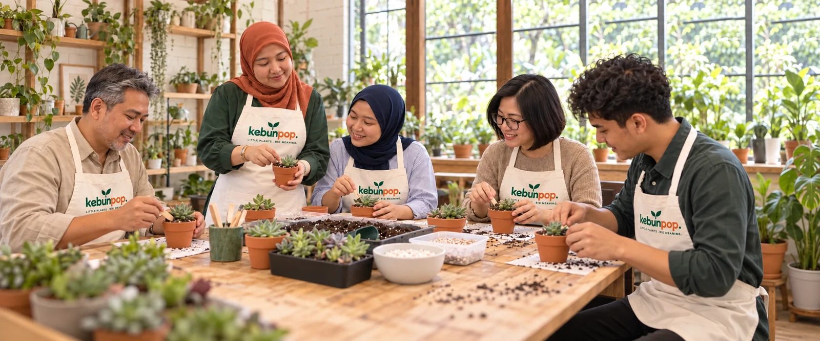 Mun in an emerald green blouse and terracotta hijab teaching a new group in a plant studio