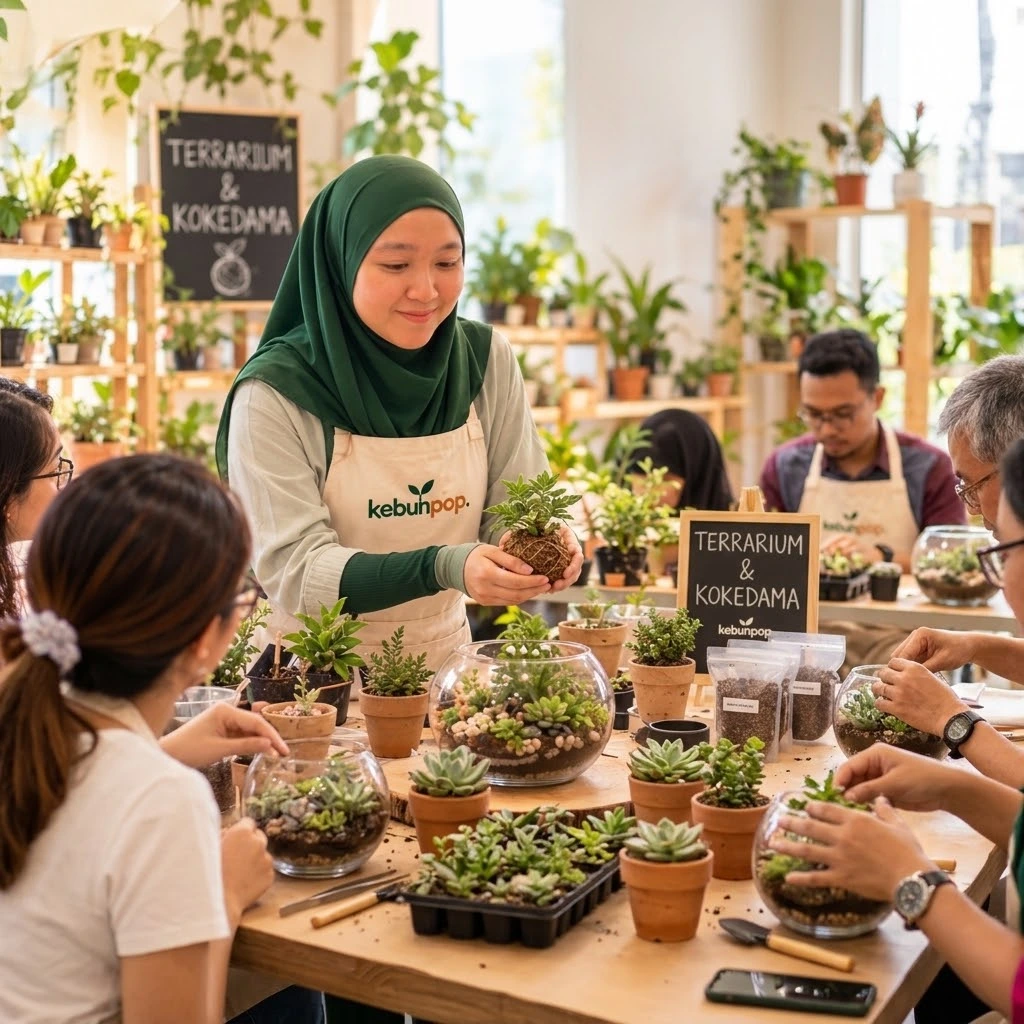 Mun demonstrating coconut fibre kokedama in a terrarium and kokedama workshop