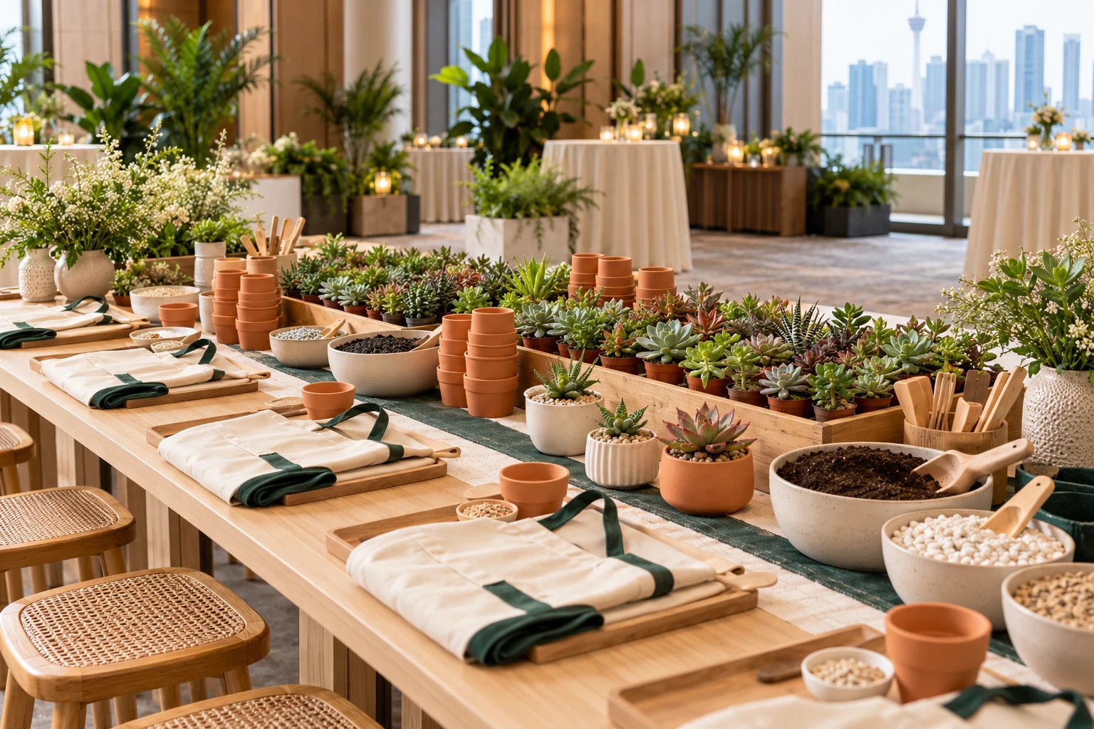 Concept event planting station with trays of succulents, pots, soil, gravel and tools