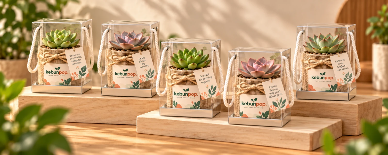 Succulent door gifts arranged on wooden display risers for corporate events