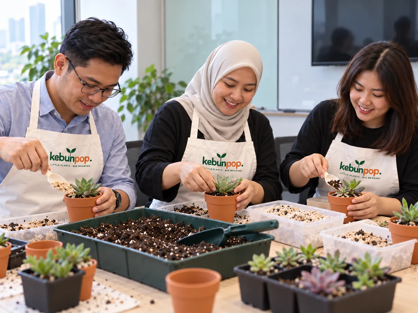 Participants in cream aprons planting their own succulents during a workshop