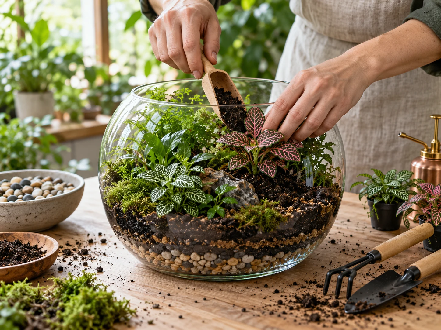 Hands planting a glass terrarium with small tropical plants and layered gravel